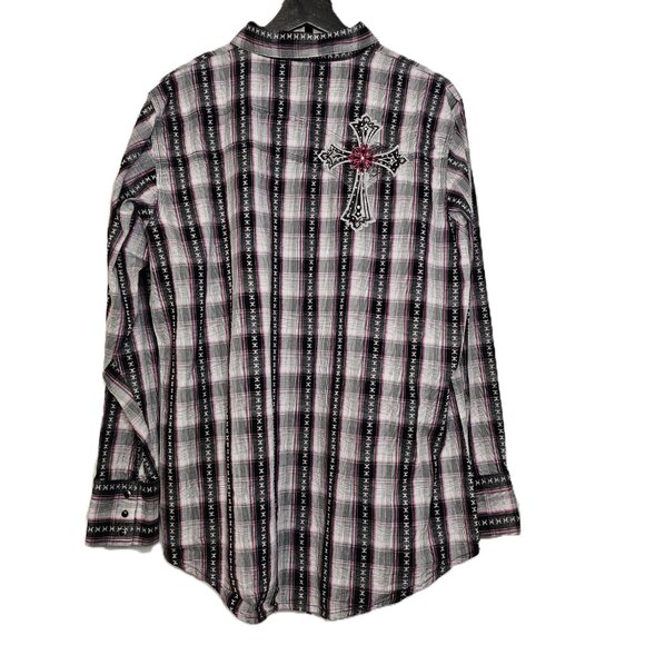 ROCK 47 BY WRANGLER Pink/Black/Grey Plaid Embroidered Western Shirt Size XXL - Picture 4 of 10